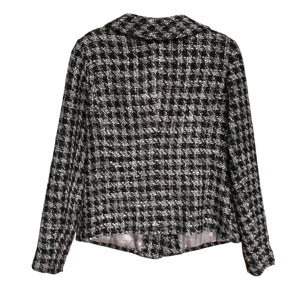Black &‎ White Houndstooth Tweed Wool Blend Asymmetric Jacket Womens Size M
